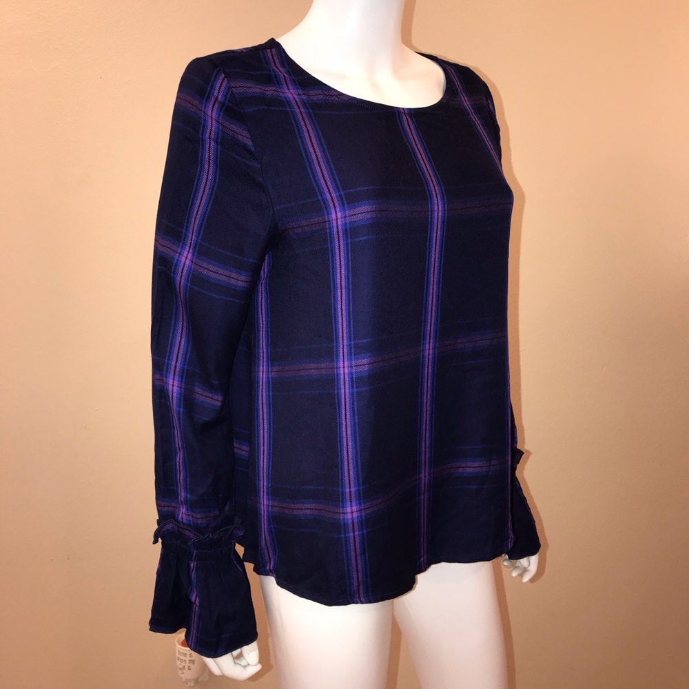 Sanctuary Purple Plaid Blouse Womens Size Small Bell Cuffs